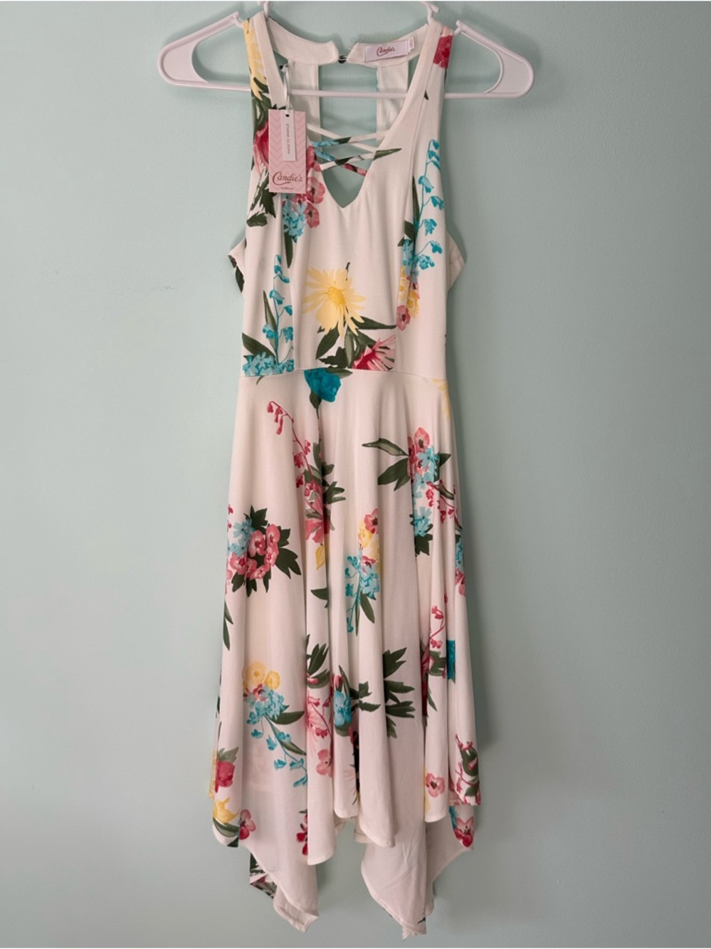 Candie's White Floral Crisscross Back Handkerchief Dress